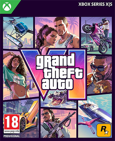 Cover art for Grand Theft Auto IV on Xbox Series X|S featuring a collage of characters and vehicles with a bold purple-accented title, PEGI 18 rating, and Rockstar logo. Le jeu GTA 6 est disponible en précommande dès 60€
