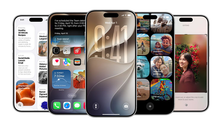 Five iPhones lined up side by side displaying different home screens and apps, including photos, widgets, and settings.