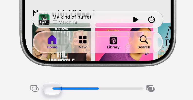 Smartphone screen with a floating music player caption 'My kind of buffet' over a colorful app interface showing Home, New, Library, and Search, plus a blue volume/seek slider underneath. iOS 27 : Siri, IA, autonomie et stabilité au programme