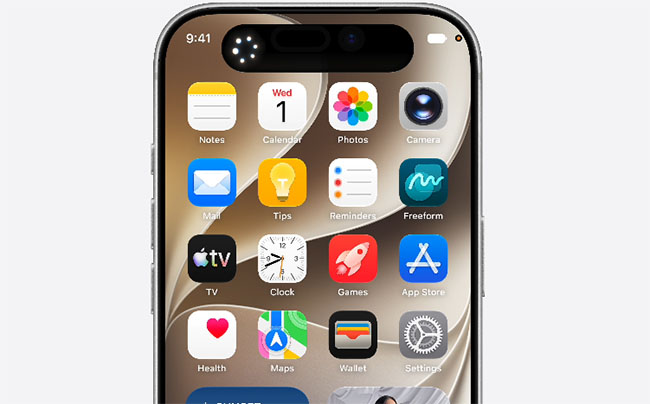 Front view of an iPhone showing a grid of app icons on the home screen. It includes apps like Notes, Calendar, Photos, and Camera. iOS 27 : Siri, IA, autonomie et stabilité au programme