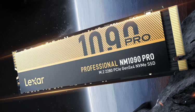 Lexar NM1090 Pro 1TB NVMe SSD angled against a space-like background (PCIe Gen5x4).