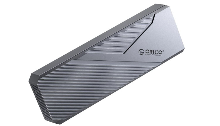 Portable external hard drive/enclosure in a gray angular casing with the Orico logo visible on the side