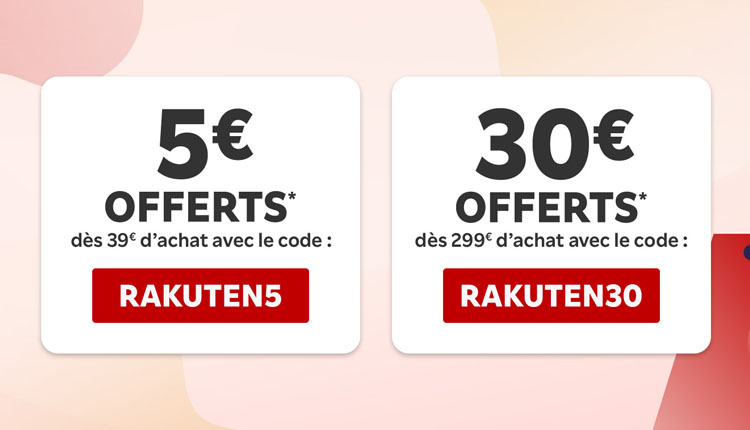 Two white rounded promo cards on a light peach gradient; left card offers 5€ off from 39€ with code RAKUTEN5, right card offers 30€ off from 299€ with code RAKUTEN30