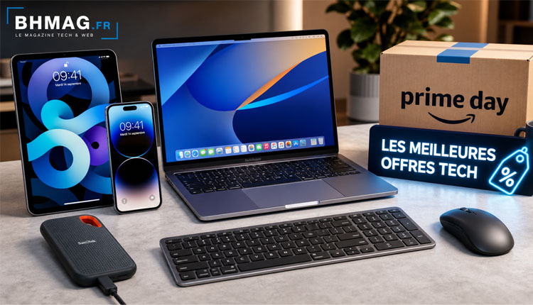 Desk setup with iPad, iPhone, MacBook, wireless charger, keyboard, and mouse; Prime Day box and a 'best tech deals' sign nearby.