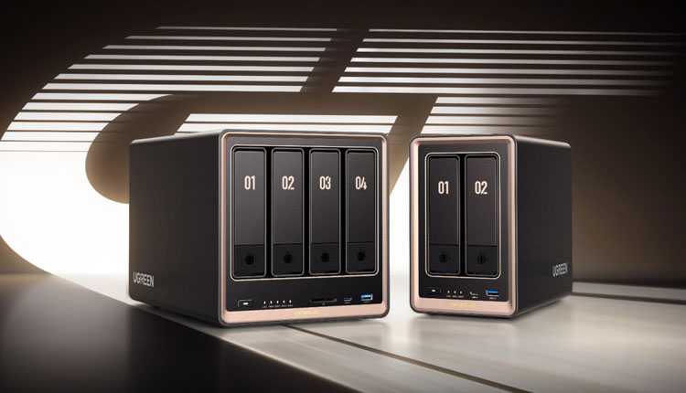 Two NAS storage enclosures with four drive bays labeled 01–04 on each, resting on a desk with striped shadow patterns in the background.